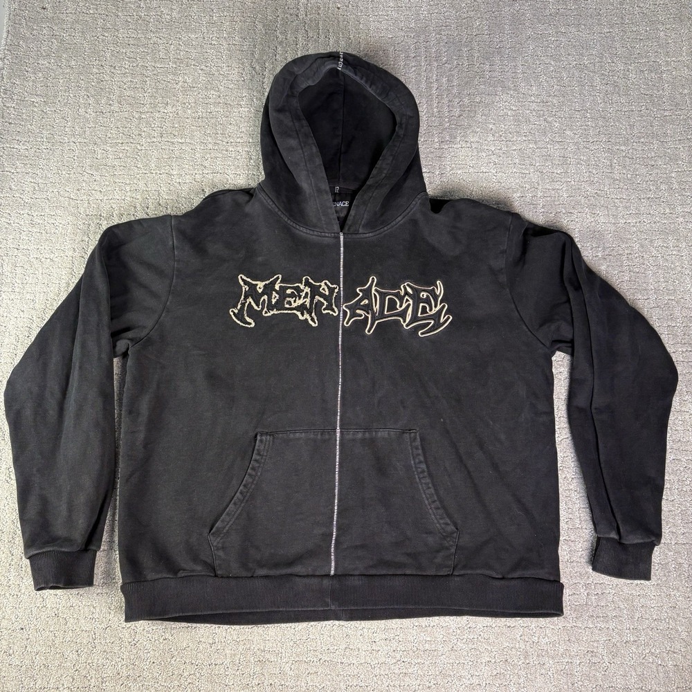 Menace Los Angeles Zip Up Hoodie Heavy Metal Font Goth Cyber Punk Black Large